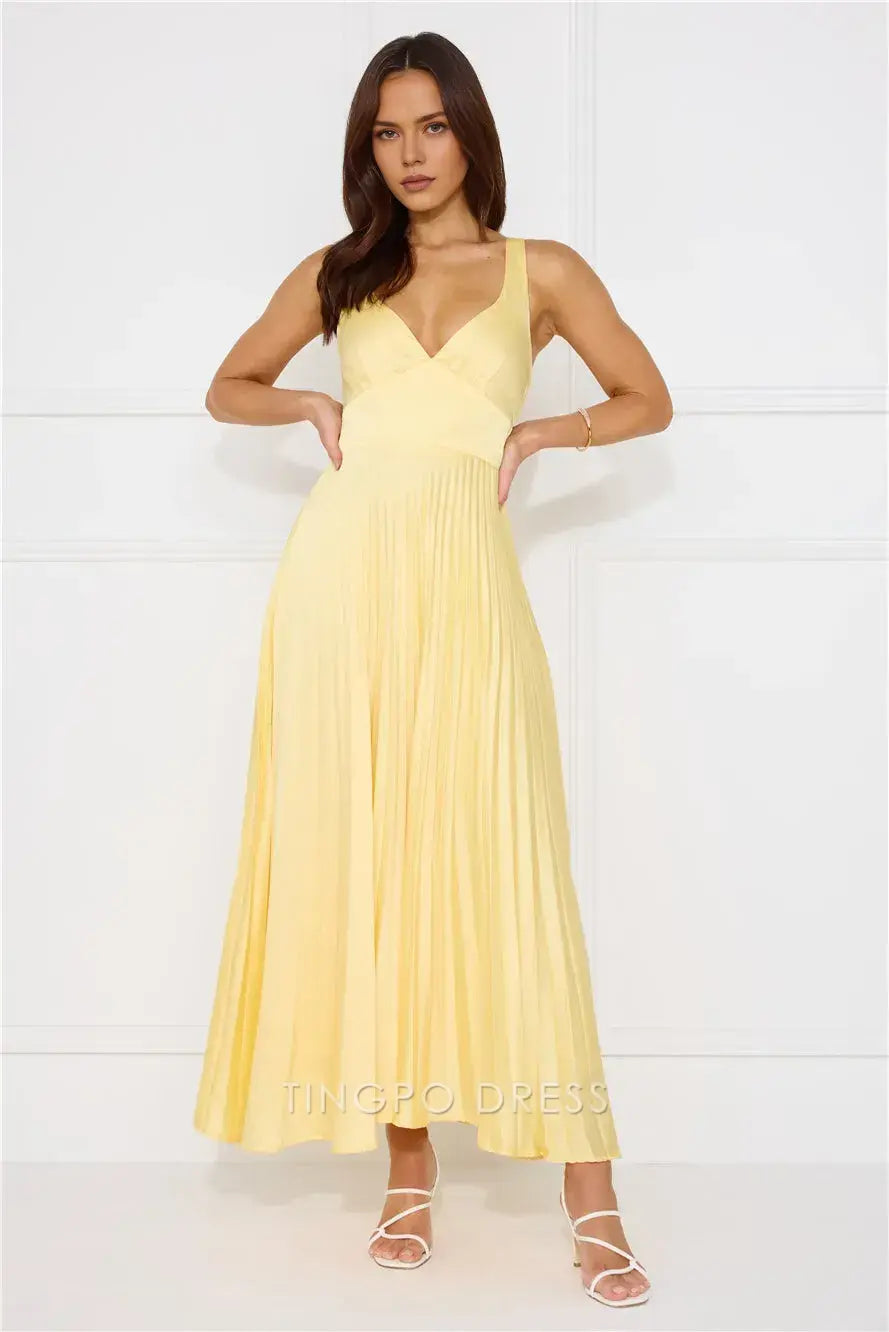 V - Neck Pleated Maxi Dress with Criss - Cross Back Prom Dress (Multiple Colors)